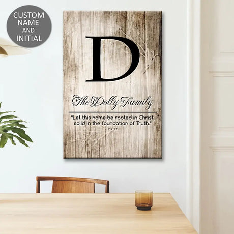 Customizable wall art featuring "Let This Home Be Rooted in Christ" with family name and initial, perfect for Christian wall decor.