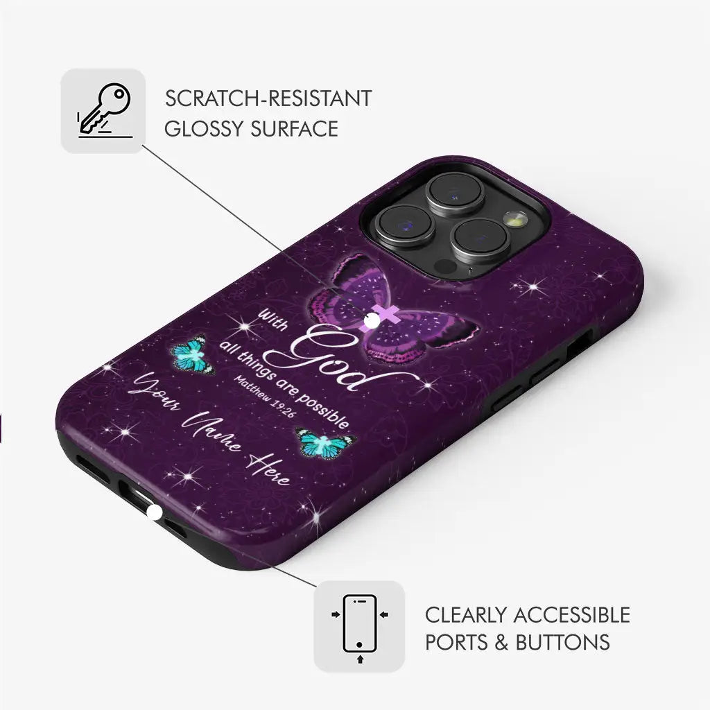 Customizable Christian phone case with &quot;With God All Things Are Possible&quot; Bible verse and name, perfect for faith-inspired gifts.