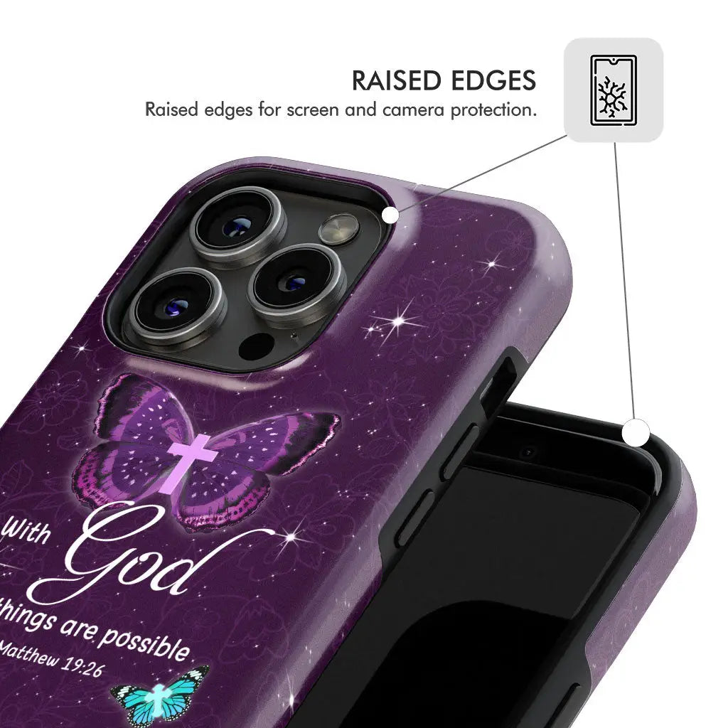 Inspirational phone case with Matthew 19:26 &quot;With God All Things Are Possible&quot; and custom name, ideal for Christian gifts.