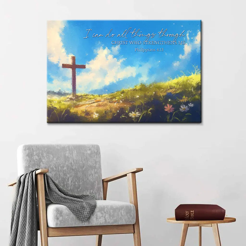 Christian wall art featuring Philippians 4:13, &quot;I Can Do All Things Through Christ,&quot; with a wooden cross, perfect faith-based decor.