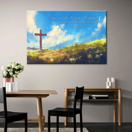 Bible verse wall art canvas featuring Philippians 4:13, "I Can Do All Things Through Christ," with wooden cross, perfect for faith-filled decor.