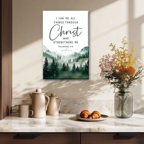 Christian wall art canvas Philippians 4:13 with mountain landscape faith decor print