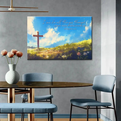 Faith-based wall art with Philippians 4:13, "I Can Do All Things Through Christ," and wooden cross design, great for Christian homes.