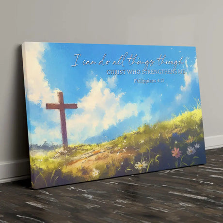 Inspirational canvas print with Philippians 4:13, "I Can Do All Things Through Christ," and wooden cross, ideal Christian home decor.