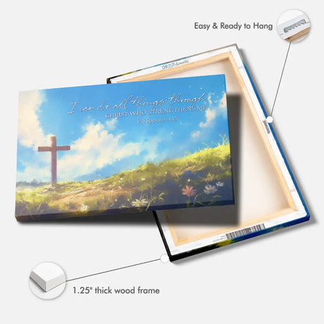 Christian canvas print with Philippians 4:13 Bible verse and wooden cross, "I Can Do All Things Through Christ," ideal inspirational wall art.