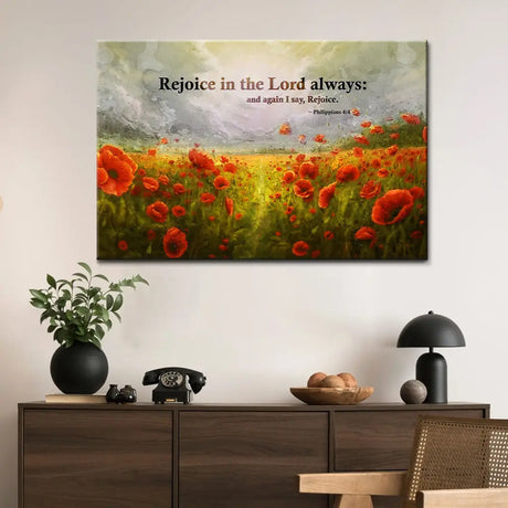 Inspirational Christian art with Philippians 4:4, "Rejoice in the Lord always," paired with a peaceful sky and a field of red poppies.