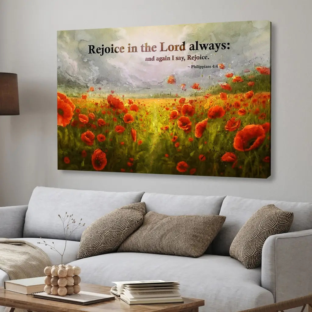Bible verse canvas with Philippians 4:4, "Rejoice in the Lord always," showcasing vibrant red poppies and a tranquil sky.