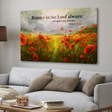 Bible verse canvas with Philippians 4:4, "Rejoice in the Lord always," showcasing vibrant red poppies and a tranquil sky.