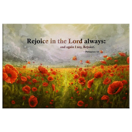 Faith-based Bible Verse decor with Philippians 4:4, "Rejoice in the Lord always," featuring a serene sky and a beautiful field of red poppies.