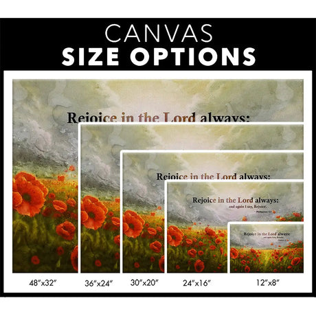 Christian home decor with Philippians 4:4, "Rejoice in the Lord always," capturing the beauty of red poppies under a calm sky / canvas size options.
