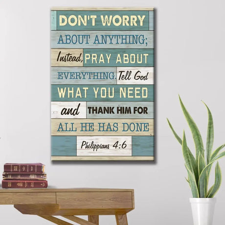 Christian canvas print with Philippians 4:6 Bible verse, ideal faith-filled wall art for Christian homes.