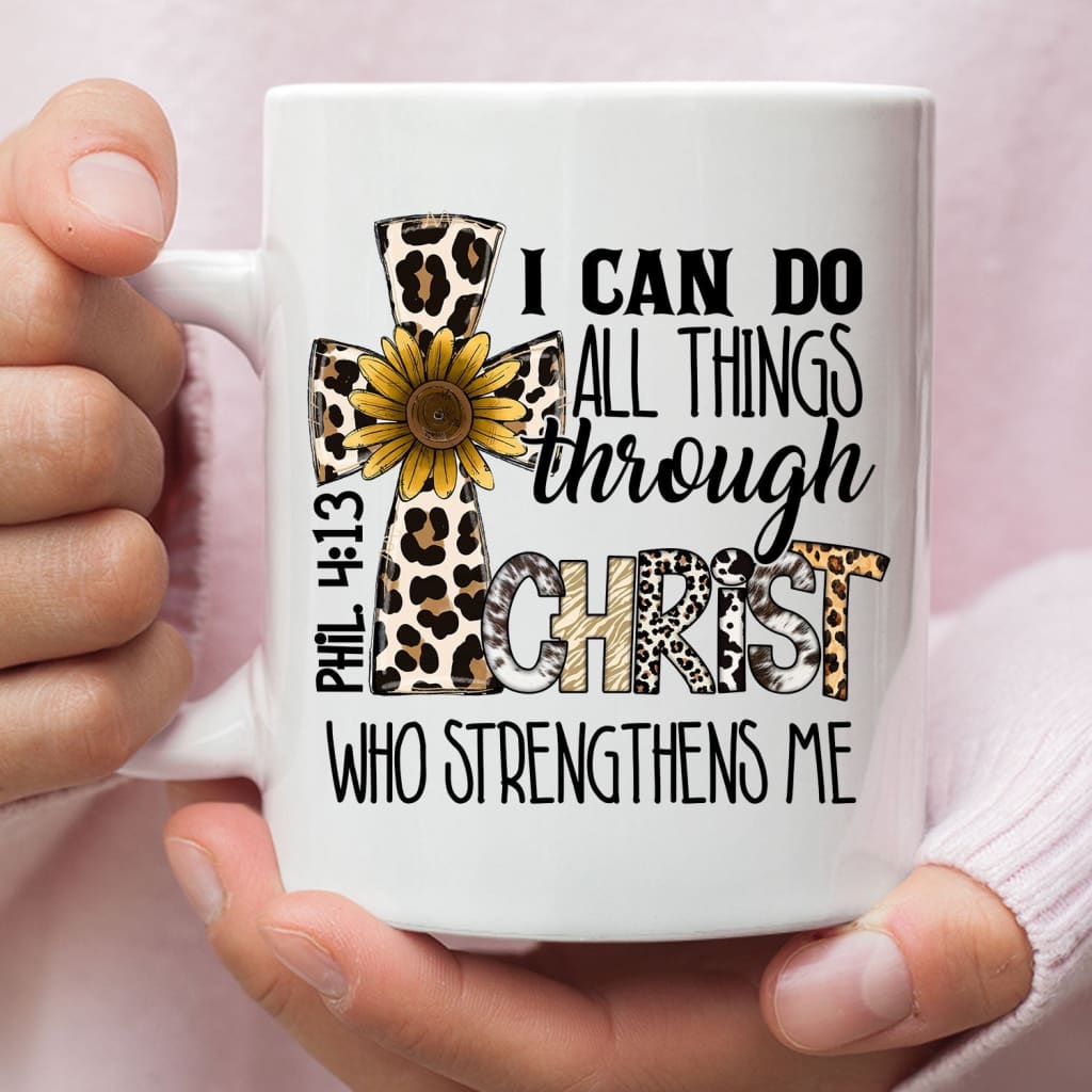Philippians 4:13 I Can Do All Things Through Christ Leopard Cross Coffee Mug 11 oz