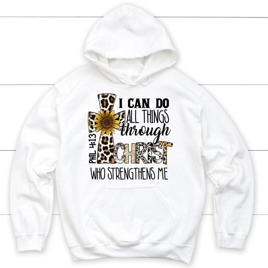 Philippians 4:13 I Can Do All Things Through Christ Leopard Cross Hoodie White / S