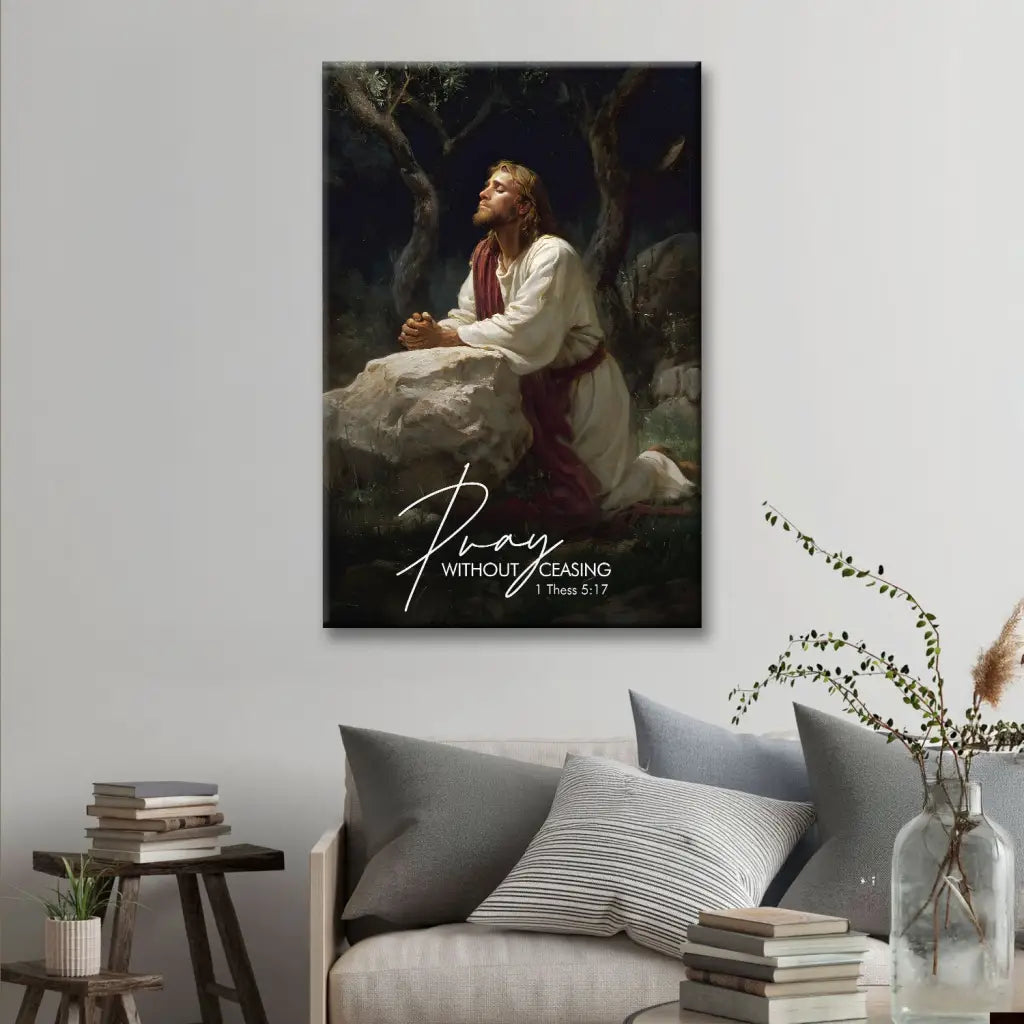 Faith-based wall art with Jesus in prayer, Bible verse gift for parents, pastors, or new believers.