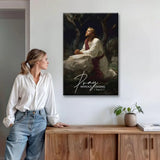Christian wall art of Jesus praying in garden, 1 Thessalonians 5:17 canvas gift about faith and prayer.