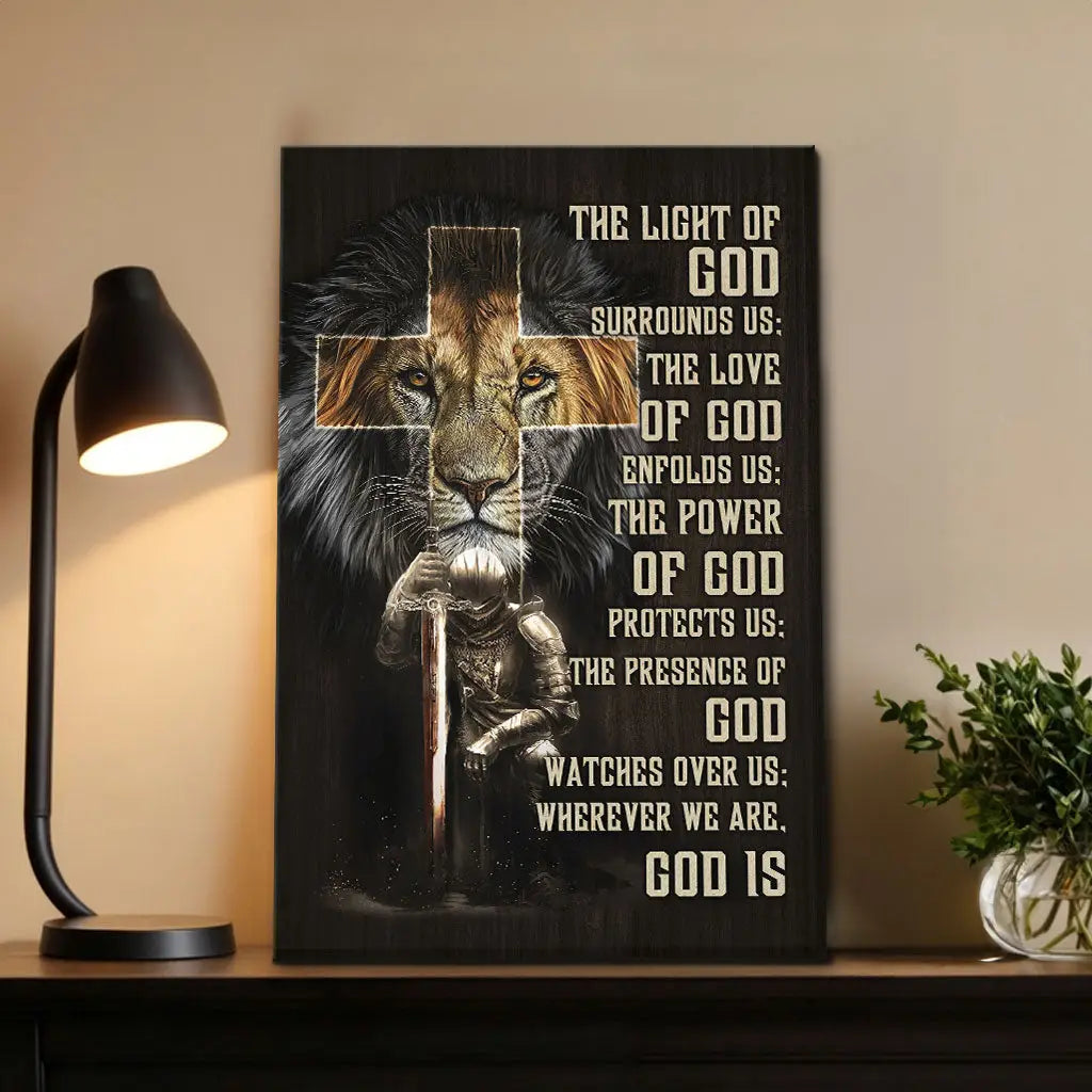 Christian wall art canvas with prayer for protection, Lion of Judah, faith-based Scripture and inspirational decor.