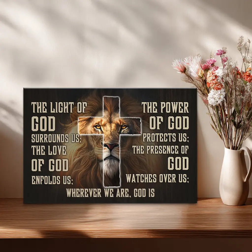 Faith-based wall art with Lion of Judah and warrior, Bible verse prayer for divine protection.