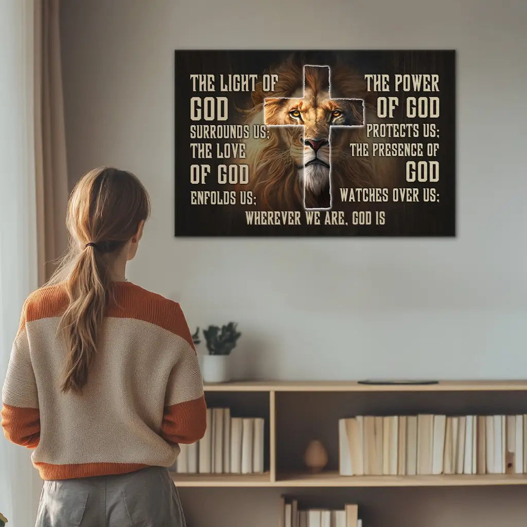 Christian prayer canvas featuring Lion of Judah, Jesus protection message, religious gifts.