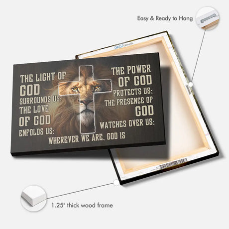 Inspirational Christian warrior canvas, Lion of Judah and God's power, Bible verse wall decor.