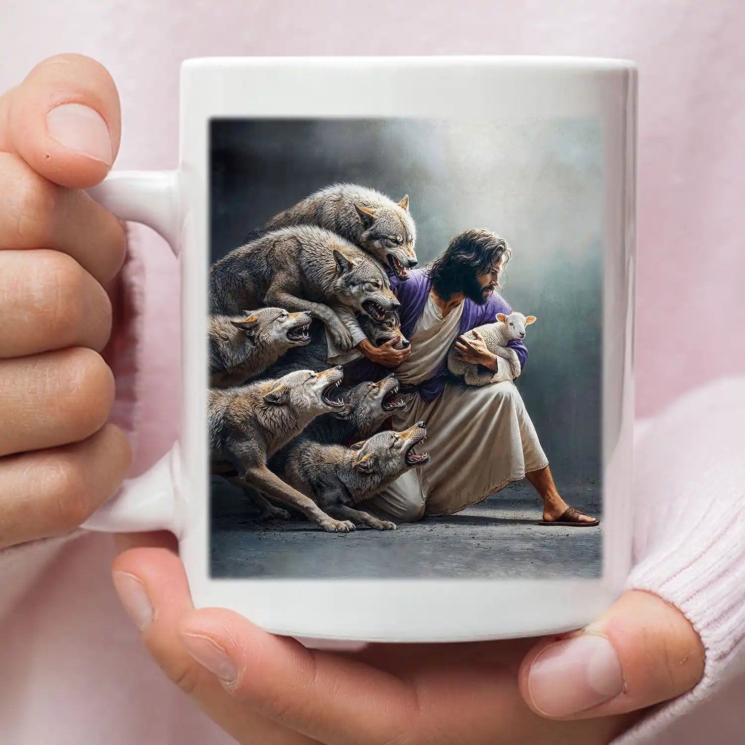 Printed mug depicting Jesus protecting a lamb from wolves.