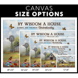 Christian wall art canvas displaying Proverbs 24:3-4 with an old barn and sheep, perfect for faith-based decoration / canvas size options.