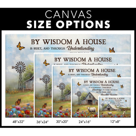 Christian wall art canvas displaying Proverbs 24:3-4 with an old barn and sheep, perfect for faith-based decoration / canvas size options.