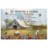 Inspirational wall art canvas featuring Proverbs 24:3-4, "By wisdom a house is built," with a rustic barn and sheep image.
