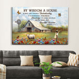 Proverbs 24:3-4 wall art canvas showcases an old barn and sheep, inspiring wisdom in home decor.