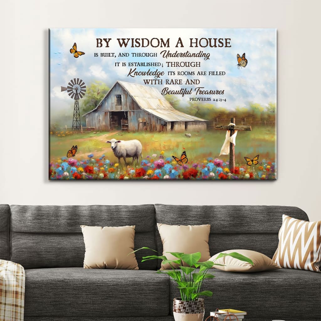 Proverbs 24:3-4 wall art canvas showcases an old barn and sheep, inspiring wisdom in home decor.