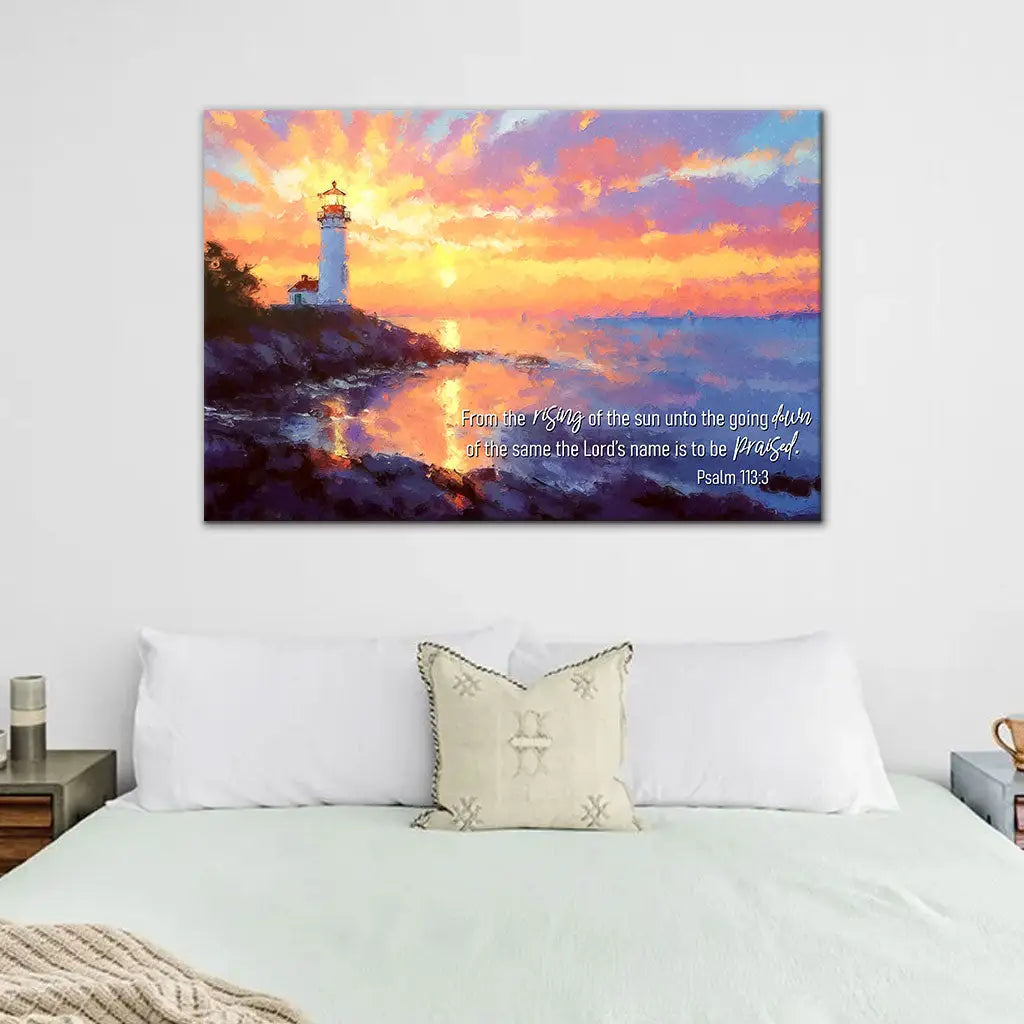 Religious wall art canvas featuring Psalm 113:3 with a sunrise and lighthouse, perfect for faith-filled home decor.