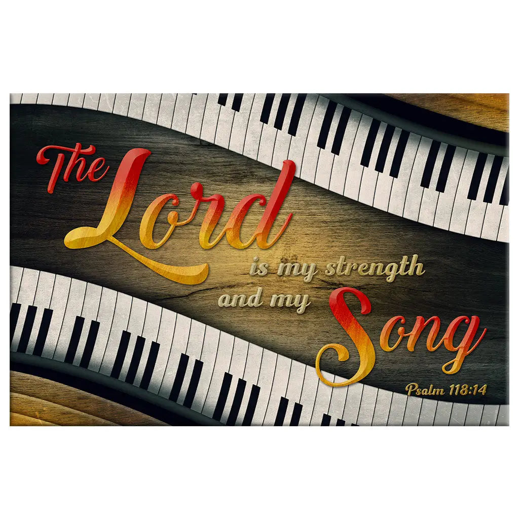 Christian gifts featuring Psalm 118:14, colorful lettering, and piano keys, offering a joyful reminder of God's strength and song.