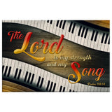 Christian gifts featuring Psalm 118:14, colorful lettering, and piano keys, offering a joyful reminder of God's strength and song.