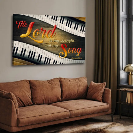 Inspirational wall art featuring Psalm 118:14, "The Lord is my strength and my song," with a musical design of piano keys and colorful text.