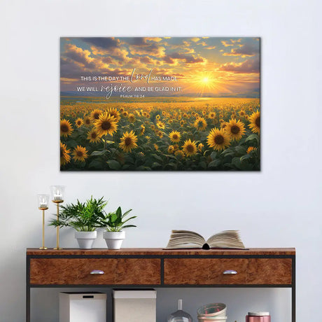 Christian wall art with Psalm 118:24 and sunflower, faith-based canvas for joy, peace, and daily encouragement.