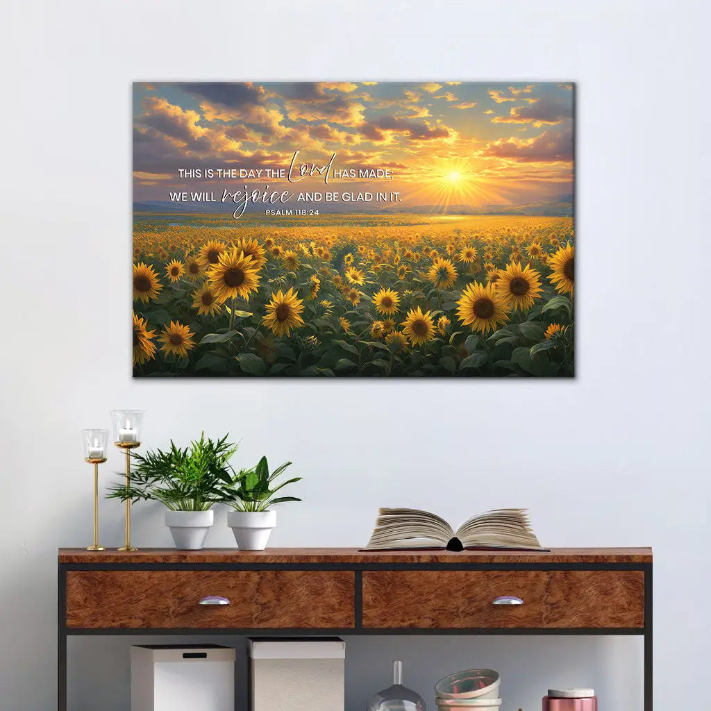 Christian wall art with Psalm 118:24 and sunflower, faith-based canvas for joy, peace, and daily encouragement.
