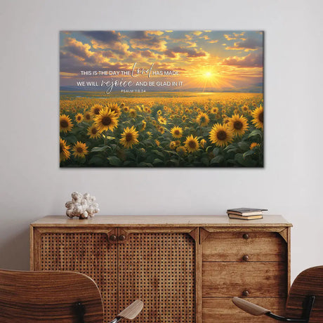 Inspirational Christian canvas with Psalm 118:24, sunflower design, perfect gift for joy and faith.