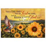 Christian wall decor with Psalm 118:24, a hummingbird, and sunflower field, inspiring Bible verse canvas.