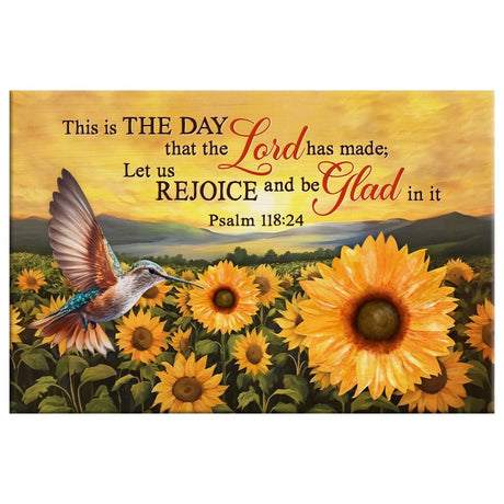 Christian wall decor with Psalm 118:24, a hummingbird, and sunflower field, inspiring Bible verse canvas.
