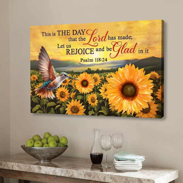 Psalm 118:24 wall art canvas, "This is the Day That the Lord Has Made," with hummingbird and sunflower field.