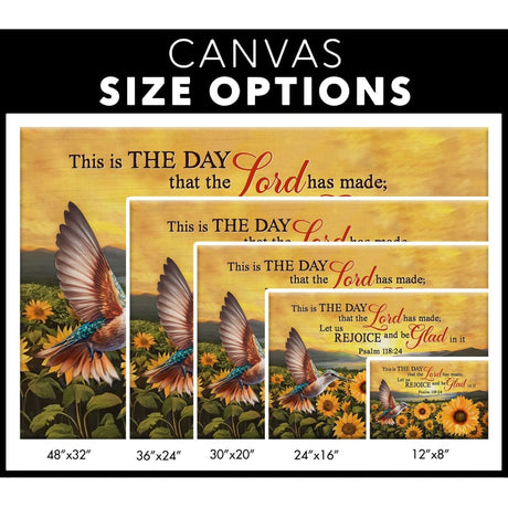 Hummingbird and sunflower field wall art with Psalm 118:24, perfect Christian home decor / canvas size options.