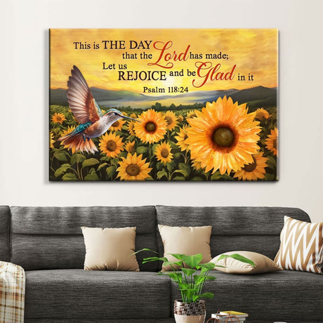 "This is the Day That the Lord Has Made" Bible verse wall art featuring a hummingbird and sunflower field.