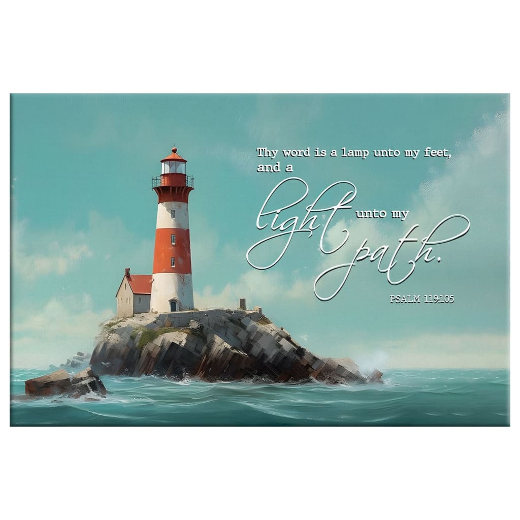Faith-based wall decor with Psalm 119:105 KJV, a lighthouse design symbolizing God’s guidance, perfect for Christian homes.