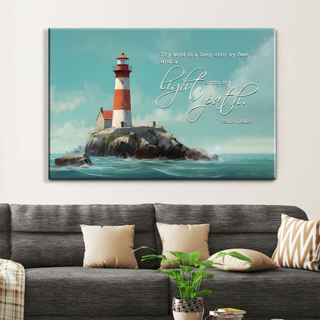 Inspirational Bible verse canvas with Psalm 119:105 KJV, "Thy word is a lamp unto my feet," ideal for Christian home inspiration.