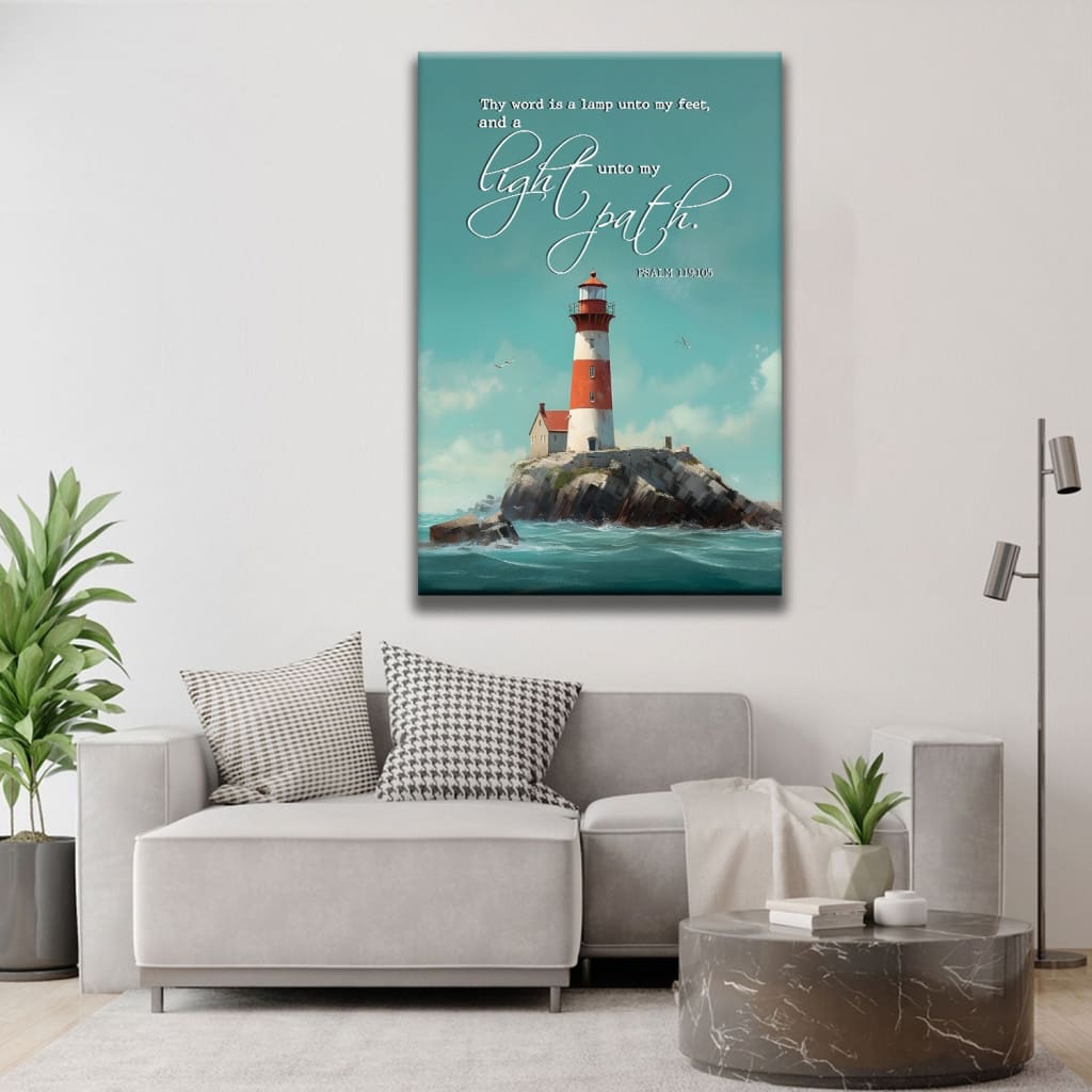 Scripture Wall Art, Psalm 119:105 Thy Word is a Lamp Lighthouse Wall Art Canvas