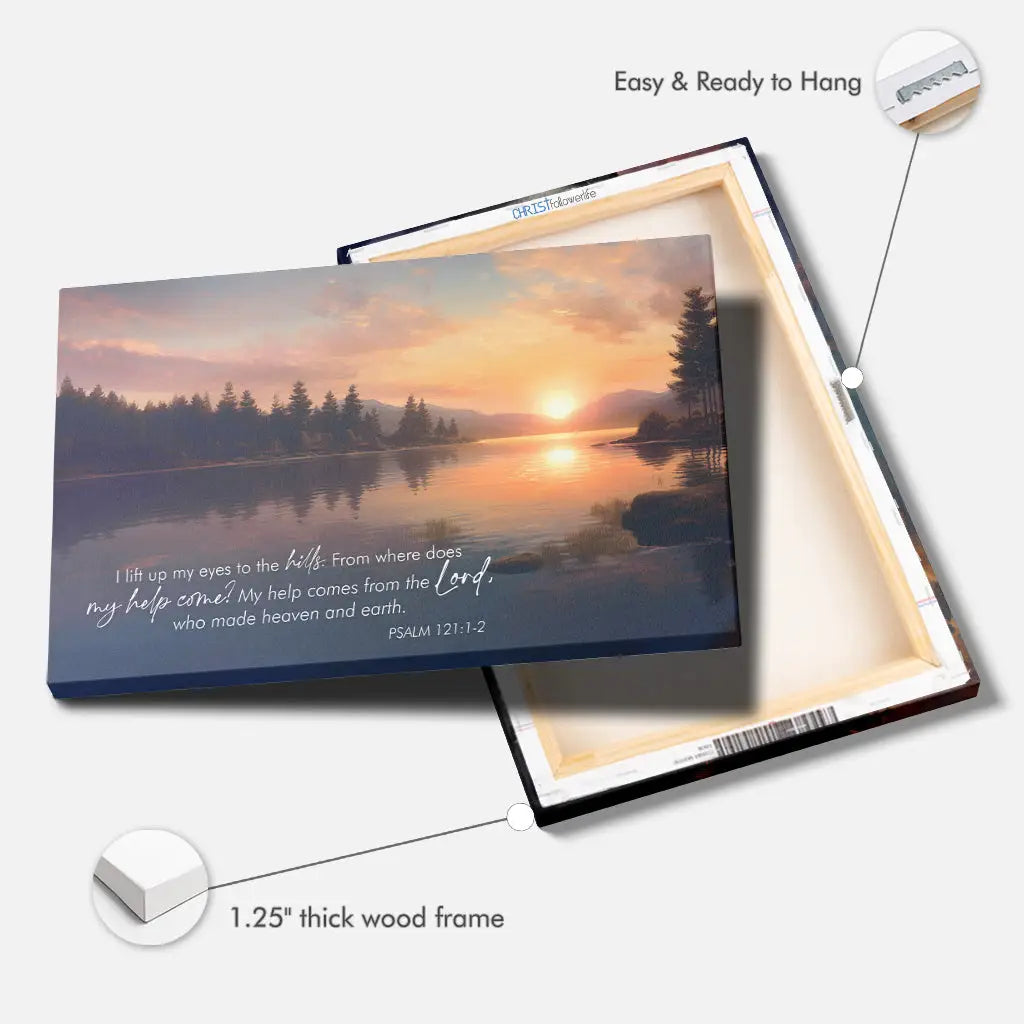Inspirational wall art with Psalm 121:1-2 ESV, "I lift up my eyes to the hills," tranquil lake and mountain scene.