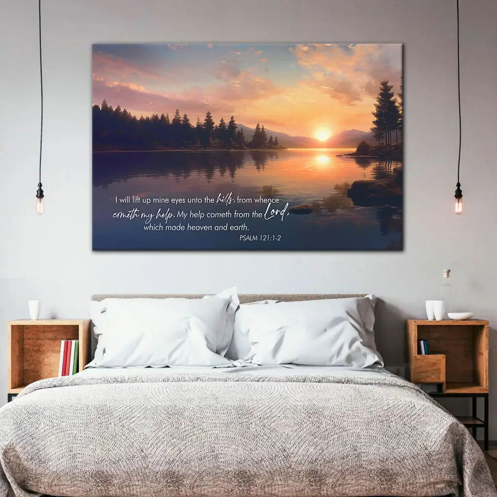 Inspirational wall decor of Psalm 121:1-2 KJV, &quot;My help cometh from the Lord,&quot; with a peaceful lake and mountain view.