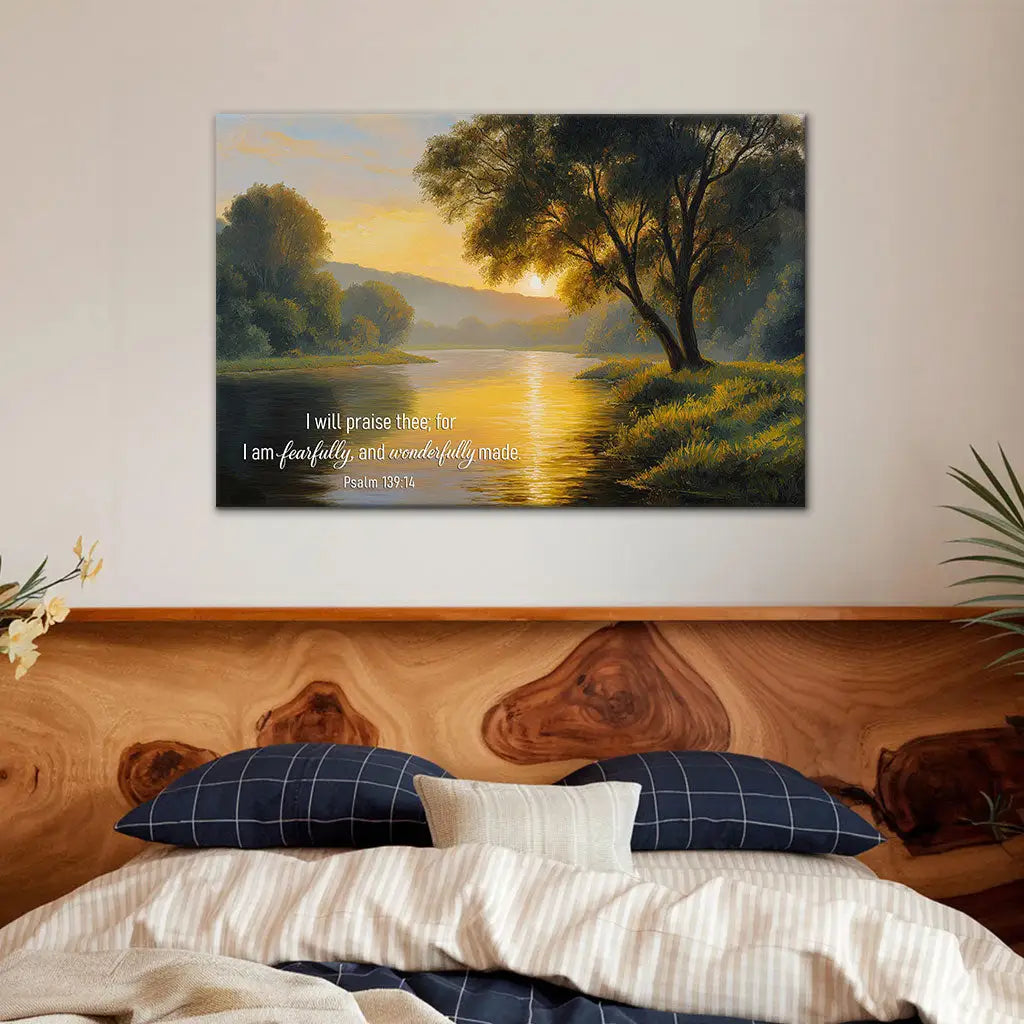 Bible wall art with Psalm 139:14, Christian décor celebrating God’s design and faith-based encouragement.