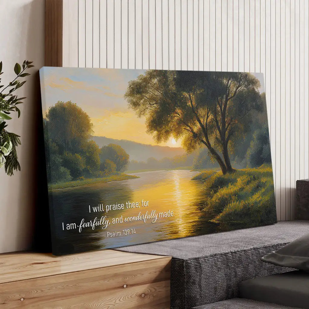 Christian wall art with Psalm 139:14, faith-based Bible verse canvas about identity and God’s creation.