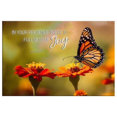 Faith-based canvas print with Psalm 16:11, "In Your Presence There is Fullness of Joy," butterfly and flowers, great Christian decor.
