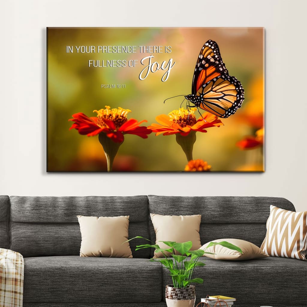 Inspirational wall art with Psalm 16:11 Bible verse, butterfly, and flowers, ideal Christian gift for home decor.